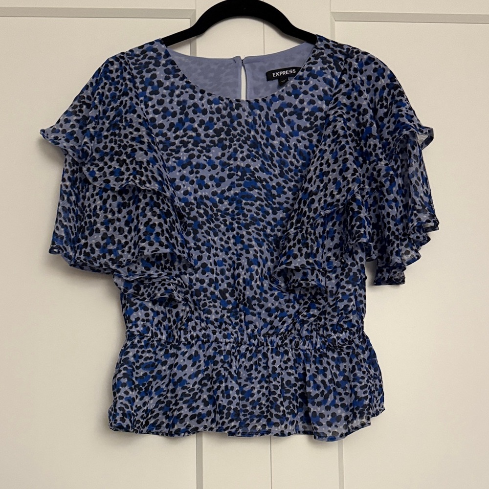 Express Blue and Black Ruffle Sleeve Blouse